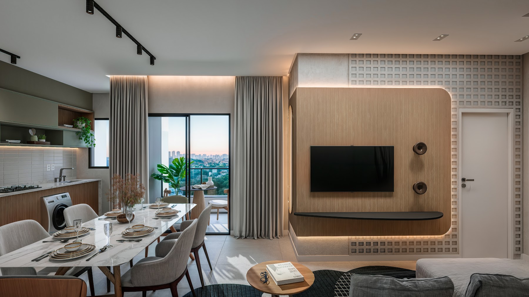 Living integrado do apartamento do VÉRTICE Residence