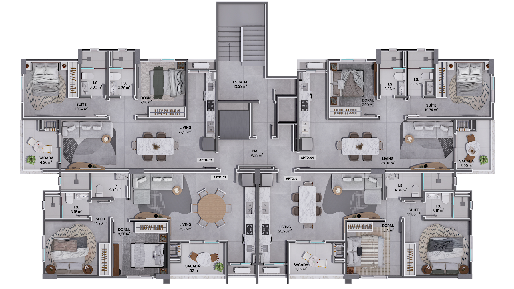 Planta humanizada dos apartamentos do VÉRTICE Residence